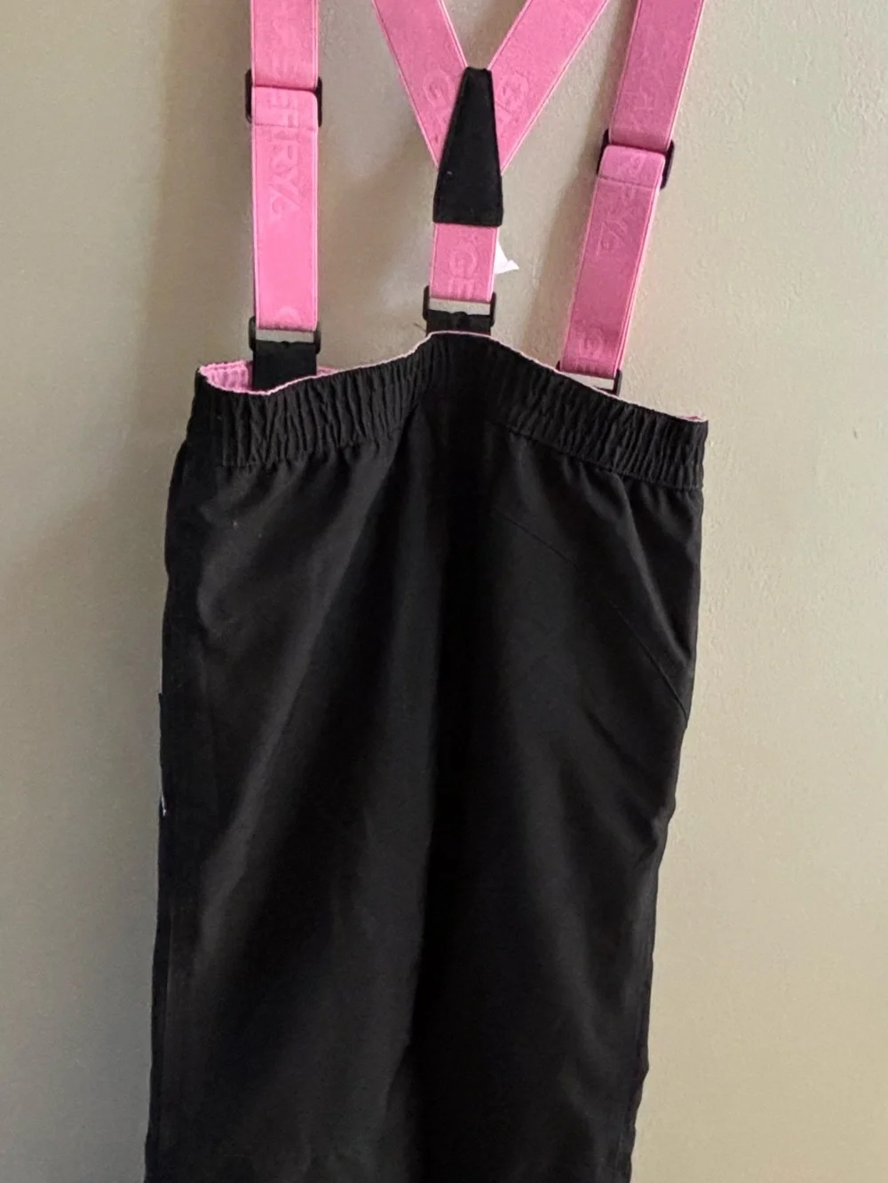 Kids Black Ski Overalls with Pink Adjustable Suspenders